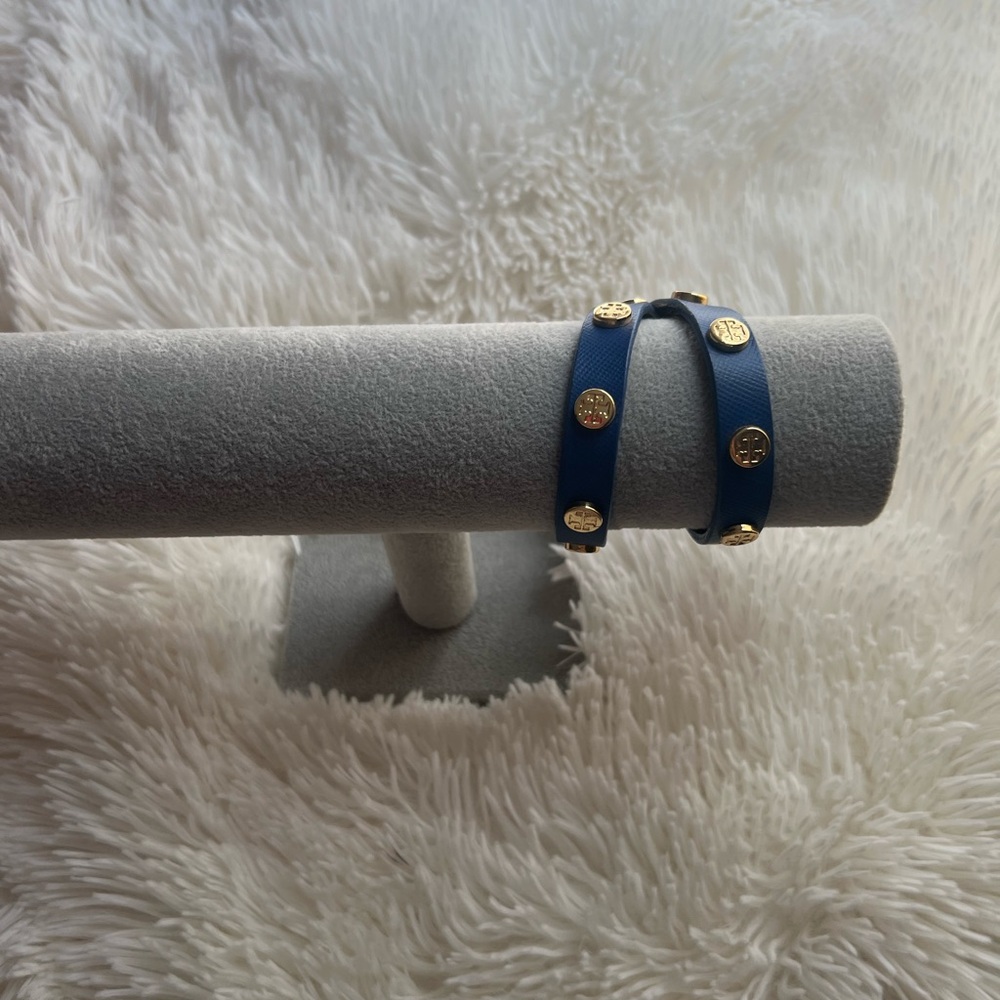 Tory Burch Navy Double Wrap Logo Stud Bracelet with Gold Accents